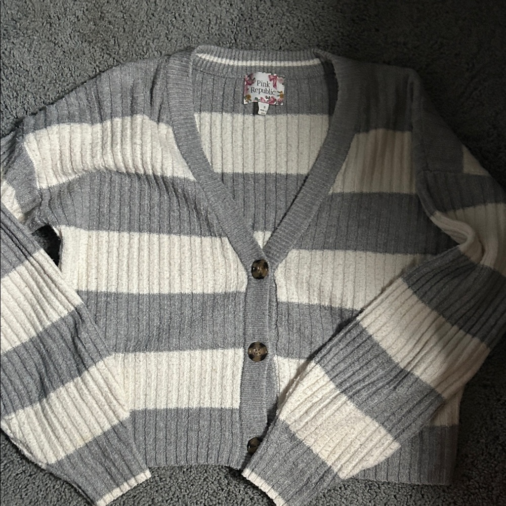 Pink Republic Women's Cardigan in Gray and Cream Stripes